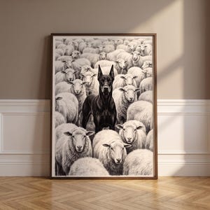 Black Dog Among Sheep Drawing, Charcoal Realist Wall Art