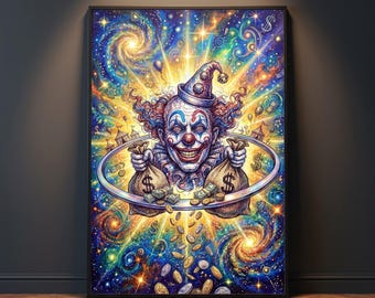 Cosmic Clown With Money Bags, Psychedelic Ballpoint Drawing, Navy Maximalist Print