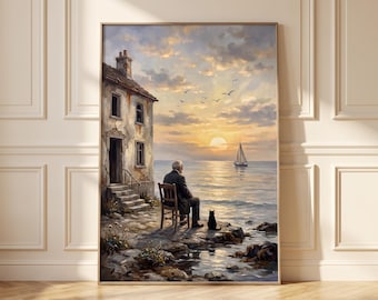 Seaside Man and Black Cat Painting, Sailboat Sunset Coastal Landscape
