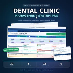 May include: A digital Dental Clinic Management System Pro interface displayed on multiple layered windows. The dashboard features tabs for patients, appointments, prescriptions, billing, inventory, and reports with numerical data, charts, and a prescription form.