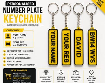 May include: Four rectangular yellow keychains with black borders and black text, each attached to a silver metal ring and chain. The keychains display the text YOUR NAME, YOUR REG, DAVID, and BW14 WVS. The image includes text instructions.