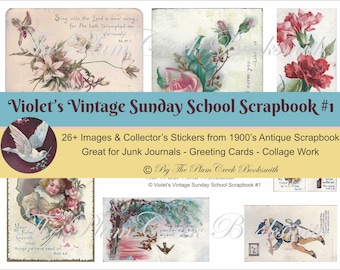 Violet's Vintage Sunday School Scrapbook Images & Stickers - 6 pages of vintage images, award stickers - instant digital download