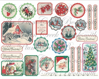 Puede incluir: Un conjunto de 16 imágenes digitales de clip art de Navidad vintage. Las imágenes presentan una variedad de temas navideños, incluyendo una casa nevada, un árbol de Navidad, Santa Claus y poinsettias. Las imágenes están en una variedad de colores, incluyendo rojo, verde, blanco y azul.