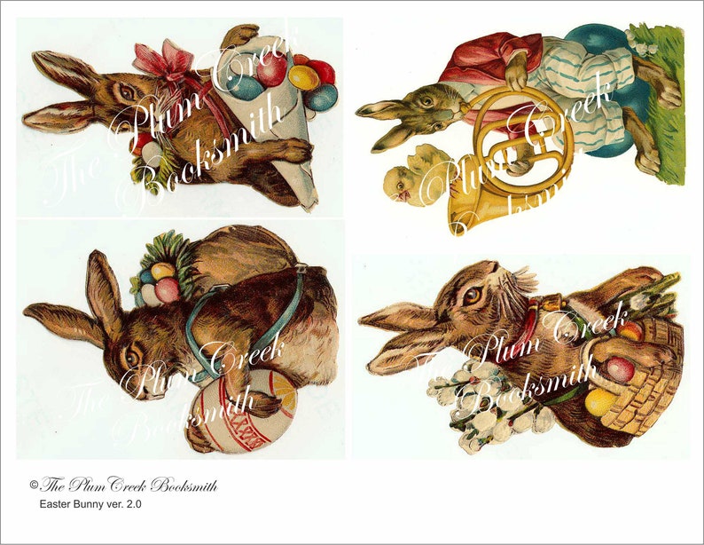 Peut inclure: Quatre illustrations vintage de lapins de P&acirc;ques. Le premier lapin tient un panier d'&oelig;ufs color&eacute;s. Le deuxi&egrave;me lapin joue de la trompette. Le troisi&egrave;me lapin porte un panier d'&oelig;ufs et un gros &oelig;uf. Le quatri&egrave;me lapin porte un panier d'&oelig;ufs et un bouquet de fleurs. Les illustrations sont de The Plum Creek Booksmith, Easter Bunny ver. 2.0.