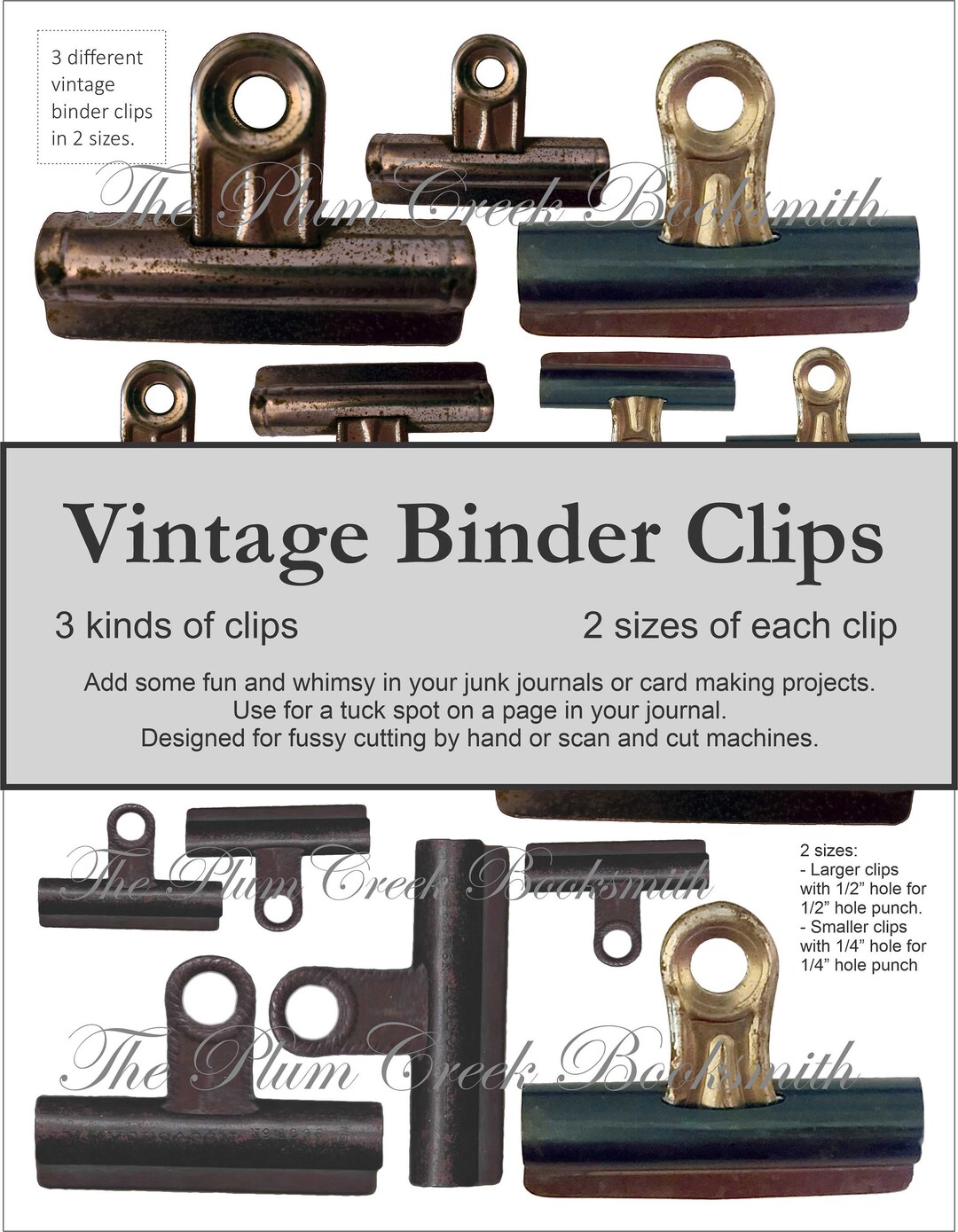 3 Vintage Binder Clips/2 Sizesset up for Fussy Cuts or Scan'ncut