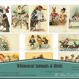 Whimsical Animals & Birds - 19 imagens - Download digital instantâneo de coisas efêmeras - Tags, dobras, cartões para diários indesejados