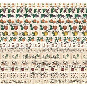 May include: A digital paper pack with a vintage aesthetic featuring repeating patterns of fruit, mushrooms, and the text "The Plum Creek Booksmith".