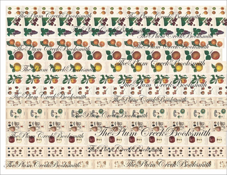 May include: A digital paper pack with a vintage aesthetic featuring repeating patterns of fruit, mushrooms, and the text "The Plum Creek Booksmith".