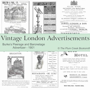 Anúncios vintage de Londres de 1901 do livro Burke's Peerage & Baronetage - 28 páginas de lixo eletrônico, coisas efêmeras, download digital instantâneo