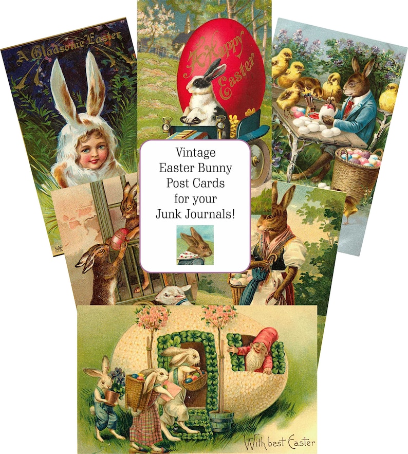 Peut inclure: Cartes postales vintage de P&acirc;ques avec des lapins, des poussins et un gnome. Les cartes sont parfaites pour ajouter une touche de fantaisie &agrave; vos carnets de scrapbooking.