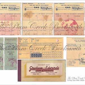 Bezahlen Sie Ihre Rechnungen - 1950er Jahre - 8 einzigartige Quittungen für Nebenkosten, Gas & Zahlungsbeleg für Möbelkauf - Ephemera sofortiger digitaler Download