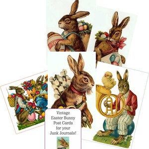 Peut inclure: Cartes postales vintage de P&acirc;ques avec des lapins illustr&eacute;s avec des &oelig;ufs de P&acirc;ques, des fleurs et un poussin. Les cartes sont parfaites pour ajouter une touche de charme vintage &agrave; vos carnets de scrapbooking.