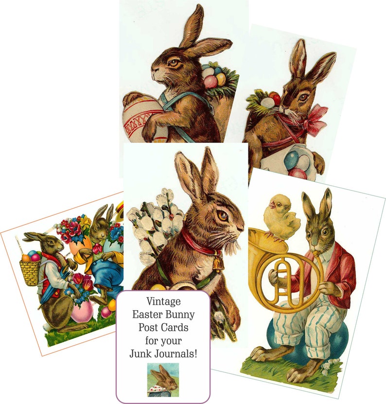 Peut inclure: Cartes postales vintage de P&acirc;ques avec des lapins illustr&eacute;s avec des &oelig;ufs de P&acirc;ques, des fleurs et un poussin. Les cartes sont parfaites pour ajouter une touche de charme vintage &agrave; vos carnets de scrapbooking.