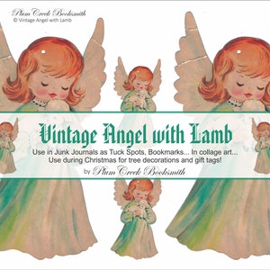 vintage Angel with Lamb - téléchargement numérique - Tags, tucks, cartes pour journaux indésirables - Collage art - Décorations d’arbres de Noël, étiquettes cadeaux