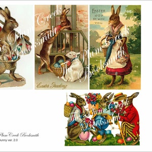 Peut inclure: Quatre illustrations vintage de lapins de P&acirc;ques tenant des paniers d'&oelig;ufs color&eacute;s. Les lapins sont habill&eacute;s de diff&eacute;rentes tenues, dont une robe, un gilet et un chapeau. Les illustrations sont sur fond de fleurs et de verdure. Le texte "Easter Joy Be With You" est visible sur l'une des illustrations.
