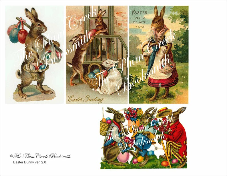 Peut inclure: Quatre illustrations vintage de lapins de P&acirc;ques tenant des paniers d'&oelig;ufs color&eacute;s. Les lapins sont habill&eacute;s de diff&eacute;rentes tenues, dont une robe, un gilet et un chapeau. Les illustrations sont sur fond de fleurs et de verdure. Le texte "Easter Joy Be With You" est visible sur l'une des illustrations.