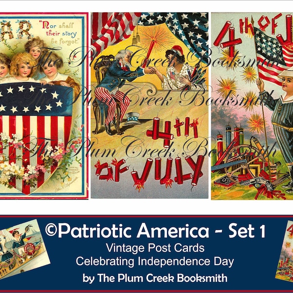 12 Vintage Patriotic America post cards - Set 1 - digital download - Junk Journal Ephemera