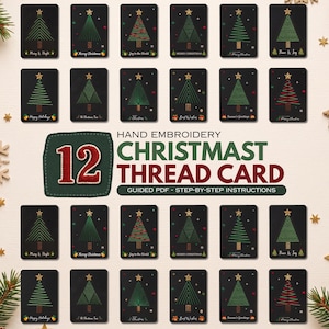 Puede incluir: Un conjunto de 12 tarjetas de hilo para bordado a mano de Navidad con varios diseños de árboles verdes cosidos sobre fondos negros con estrellas doradas, acompañado de un PDF guiado con instrucciones paso a paso para proyectos.