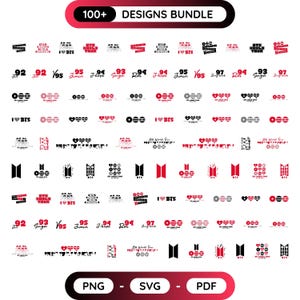 May include: A digital collection of over 100 graphic designs featuring BTS-themed logos, text, and icons in black, white, and red. The bundle includes various typography, heart shapes, and numerical motifs, presented as a grid of individual files.