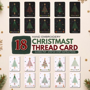 May include: A set of 18 hand embroidery Christmas thread cards featuring various stitched tree designs on black and white backgrounds. The text reads 18 HAND EMBROIDERY CHRISTMAST THREAD CARD GUIDED PDF STEP-BY-STEP INSTRUCTIONS with festive greetings.