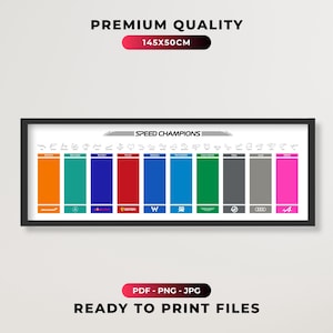 May include: A rectangular wall art print titled SPEED CHAMPIONS featuring ten vertical color blocks representing racing teams with logos and track outlines above. The print measures 145x50cm and includes text stating PREMIUM QUALITY and READY TO PRINT FILES.