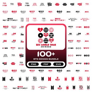 以下が含まれることがあります： 赤と黒の100種類以上のBTSグラフィックデザインのデジタルコレクション。中央のディスプレイには、ハートと円形のアイコンのグリッドがあり、BTS WORLD TOUR ARIRANG、100+ BTS DESIGN BUNDLE、およびPNG、PDF、SVGのファイル形式のテキストが表示されています。