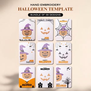 Może przedstawiać: Zestaw 09 szablonów do ręcznego haftu na Halloween składający się z białych kart z pomarańczowymi i fioletowymi ilustracjami dyń, kapeluszy czarownic, pajęczyn, nietoperzy i nawiedzonych domów, z nadrukowanym tekstem "HAPPY HALLOWEEN".