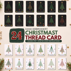 May include: A set of 24 hand embroidery Christmas thread cards featuring various stitched tree designs on black and white backgrounds. The cards include text such as Merry Christmas, Peace & Joy, and Happy Holidays, with guided PDF instructions.