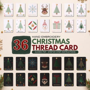 Puede incluir: Una colección de 36 tarjetas de hilo para bordado a mano de Navidad con tarjetas blancas y negras con diseños cosidos de árboles de Navidad, copos de nieve, renos, Santa Claus y regalos, con el texto 36 Hand Embroidery Christmas Thread Card.