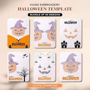 May include: A digital download set of six hand embroidery Halloween templates featuring pumpkins with purple witch hats, jack-o'-lantern faces, haunted houses, spiders, webs, and trees. Each card displays the text HAPPY HALLOWEEN in various fonts.