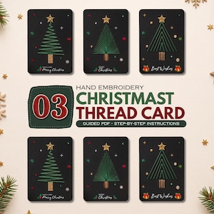 May include: Six black rectangular cards featuring hand-embroidered green Christmas tree designs with gold stars, colourful accents, and text including Merry Christmas and Best Wishes. The centre text reads HAND EMBROIDERY CHRISTMAST THREAD CARD.
