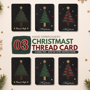 Puede incluir: Seis tarjetas rectangulares negras con diseños de árboles de Navidad bordados a mano en hilo verde y rojo, rematados con estrellas doradas. El texto dice "Merry & Bright" y "Have a Very Merry Christmas". Incluye guía de patrones.
