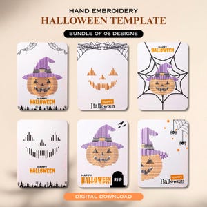 Könnte beinhalten: Ein Set aus sechs rechteckigen Karten mit Handstickerei-Vorlagen für Halloween. Die Motive zeigen Kürbisse mit lila Hüten, Kürbisgesichter, Spinnennetze und Fledermäuse. Jede Karte enthält den Text Happy Halloween in Orange oder Schwarz.