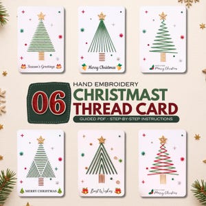 Puede incluir: Seis tarjetas rectangulares blancas con diseños de bordado a mano de árboles de Navidad en hilo verde y rojo. Cada tarjeta incluye una estrella dorada en la parte superior y texto como Season's Greetings, Merry Christmas o Best Wishes. El texto central dice 06 HAND EMBROIDERY CHRISTMAST THREAD CARD GUIDED PDF - STEP-BY-STEP INSTRUCTIONS.
