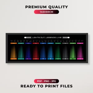 May include: A rectangular black wall art print featuring the text "LIGHTS OUT, LEGENDS LIVE!" above a series of Formula 1 track outlines and vertical color-coded light streaks representing various racing teams, measuring 145x50cm.