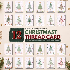 Könnte beinhalten: Eine Sammlung von zwölf rechteckigen Karten mit Handstickereimotiven von Weihnachtsbäumen mit goldenen Sternen, begleitet von dem Text 12 HAND EMBROIDERY CHRISTMAST THREAD CARD GUIDED PDF - STEP-BY-STEP INSTRUCTIONS auf einem dunkelgrünen Hintergrund.