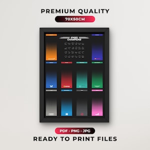 Puede incluir: Un póster enmarcado titulado SPEED CHAMPIONS que presenta una cuadrícula de doce degradados verticales de colores con varios logotipos de equipos de Fórmula 1 y trazados de circuitos. El texto PREMIUM QUALITY 70X50CM y READY TO PRINT FILES PDF - PNG - JPG es visible.