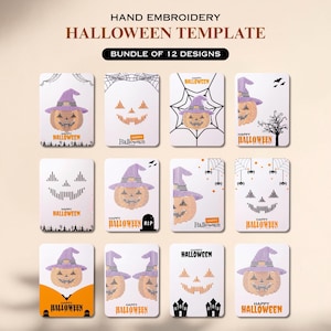 Könnte beinhalten: Eine digitale Sammlung von 12 Handstickerei-Vorlagen für Halloween mit Kürbissen, Hexenhüten, Spinnennetzen und Fledermäusen. Jede rechteckige Karte zeigt orangefarbene und violette Linienmuster mit dem aufgedruckten Text Happy Halloween.