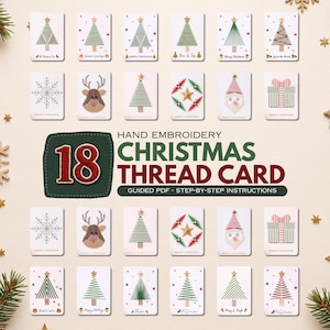 Puede incluir: Una colección de 18 tarjetas rectangulares blancas con diseños de bordado a mano de árboles de Navidad, copos de nieve, renos, Santa Claus y cajas de regalo. El texto central dice 18 HAND EMBROIDERY CHRISTMAS THREAD CARD GUIDED PDF STEP-BY-STEP INSTRUCTIONS.