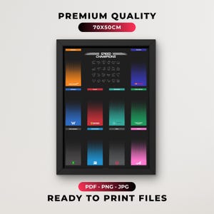 May include: A framed poster titled SPEED CHAMPIONS featuring a grid of twelve vertical color gradients representing Formula 1 teams, with circuit track outlines in the center. The text PREMIUM QUALITY 70X50CM and READY TO PRINT FILES is visible.