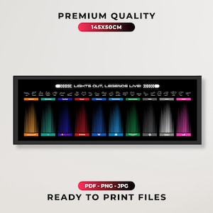 May include: A rectangular wall art print featuring a black background with the text "LIGHTS OUT, LEGENDS LIVE!" and a series of Formula 1 track outlines. Below are ten vertical color-coded columns representing racing teams with logos and vertical lines.