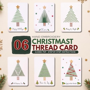 Puede incluir: Seis tarjetas rectangulares blancas con diseños de bordado a mano de árboles de Navidad con estrellas doradas. El texto dice Hand Embroidery 06 Christmas Thread Card Guided PDF Step-by-Step Instructions y varios saludos navideños.