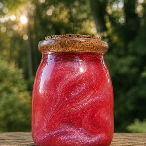 Pode incluir: Um frasco de vidro transparente preenchido com um líquido vermelho vibrante com padrões de redemoinho brilhantes. O frasco tem uma forma arredondada e é selado com uma rolha de cortiça natural castanha que encaixa na abertura superior.