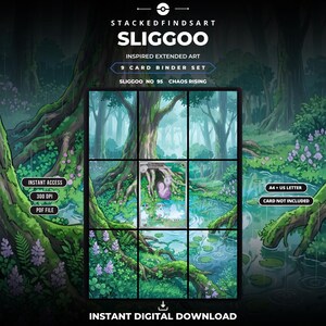 Könnte beinhalten: Ein 9-Karten-Ordner-Set als digitaler Download mit Sliggoo-inspirierter erweiterter Kunst. Das Bild zeigt ein Raster aus neun Feldern, die eine Waldszene mit Teich, lila Blumen und Baumwurzeln bilden. Text umfasst STACKEDFINDSART, SLIGGOO, 9 CARD BINDER SET, SLIGGOO NO 95, CHAOS RISING, INSTANT ACCESS, 300 DPI, PDF FILE, A4 + US LETTER, CARD NOT INCLUDED und INSTANT DIGITAL DOWNLOAD.