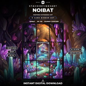 Peut inclure: Un ensemble de 9 cartes pour classeur avec une illustration étendue inspirée de Noibat. Le téléchargement numérique inclut le texte STACKEDFINDSART, NOIBAT, 9 CARD BINDER SET, NOIBAT NO 169 JOURNEY TOGETHER, INSTANT ACCESS, 300 DPI, PDF FILE, A4 + US LETTER.
