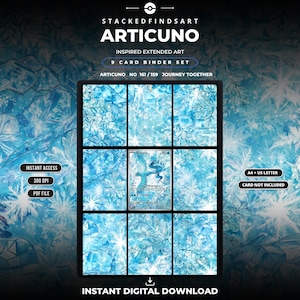 Pode incluir: Um conjunto de 9 cartões para fichário com arte estendida inspirada em Articuno com um padrão de flocos de neve e cristais de gelo azuis. O download digital inclui etiquetas de texto como STACKEDFINDSART, ARTICUNO, 9 CARD BINDER SET, 300 DPI.
