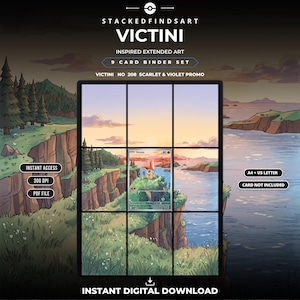 Puede incluir: Un set de 9 cartas para archivador con arte extendido de Victini, No 208 Scarlet & Violet Promo. La descarga digital incluye archivos PDF en formato A4 y US Letter a 300 DPI. La ilustración muestra un paisaje con acantilados, agua y atardecer.