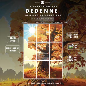 May include: A digital 9-card binder set featuring Dedenne inspired extended art. The image displays a grid of nine panels forming a cohesive autumn forest scene with a bright sun, orange leaves, and a central Dedenne card. Text includes STACKEDFINDSART, DEDENNE, 9 CARD BINDER SET, A4 + US LETTER, and INSTANT DIGITAL DOWNLOAD.