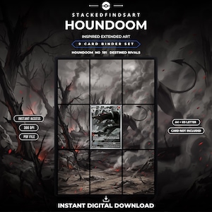 Puede incluir: Un conjunto de impresión digital para carpeta de 9 cartas con arte de Houndoom. El texto dice STACKEDFINDSART HOUNDOOM INSPIRED EXTENDED ART 9 CARD BINDER SET HOUNDOOM NO 191 DESTINED RIVALS INSTANT ACCESS 300 DPI PDF FILE A4 + US LETTER CARD NOT INCLUDED.