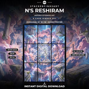 Op de afbeelding: Een digitale 9-kaarten binder set getiteld N's Reshiram, met uitgebreide kunst van zwevende stenen pilaren tegen een paarse en oranje bewolkte lucht. Bevat A4 en US letter PDF-bestanden op 300 DPI. Let op: de kaart is niet inbegrepen.
